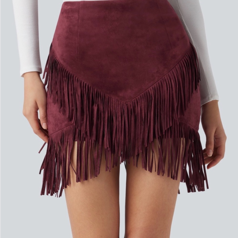 HALARA Burgundy Fringe Mini Skirt